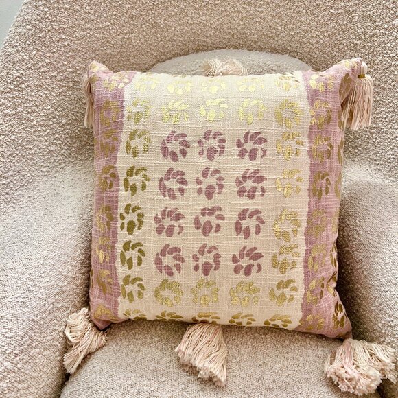 Anthropologie Tasselled Throw Pillow - Pink, Cream and Gold, Reversible - Picture 2 of 4
